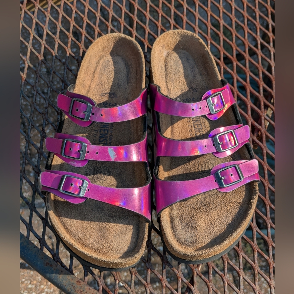 Birkenstock pink mirror holographic Florida sandals